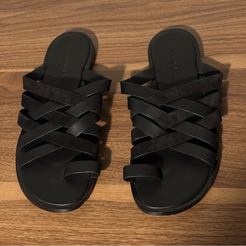 Vince Black Strappy Leather Suede Slide Sandals 7